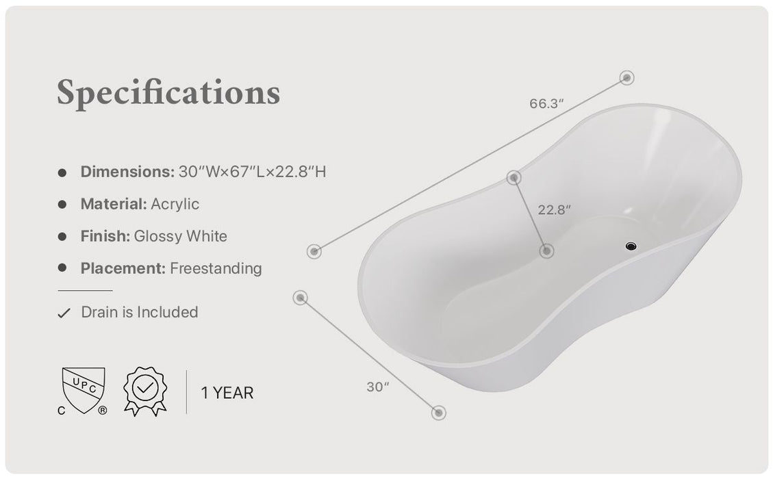 Eviva Smile Free Standing 67" Acrylic Bathtub