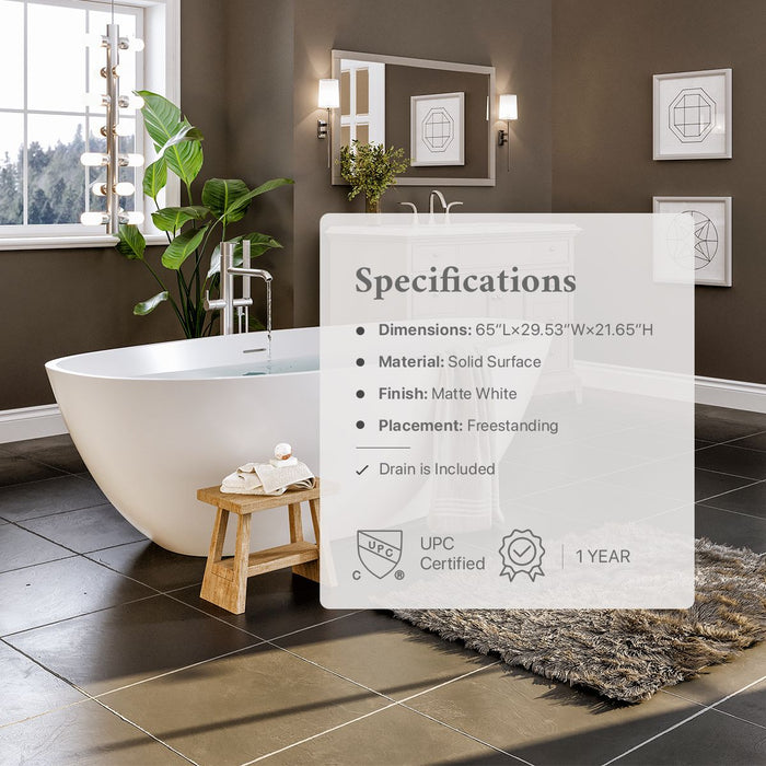 Eviva Mirage 65 Inch Solid Surface Freestanding Bathtub in Matte White