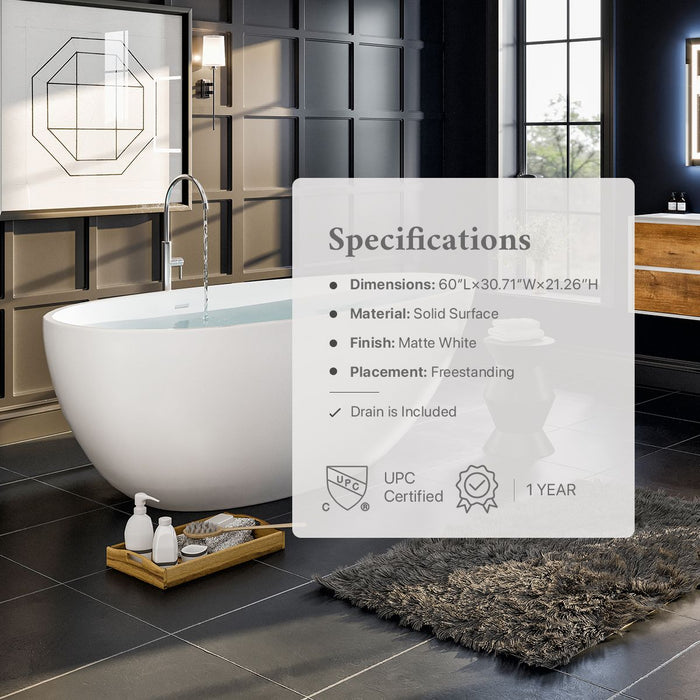 Eviva Bliss 60 Inch Solid Surface Freestanding Bathtub in Matte White