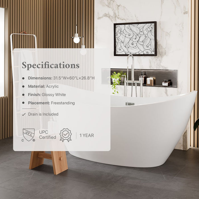 Eviva Bella 60" White Acrylic Free Standing Bathtub