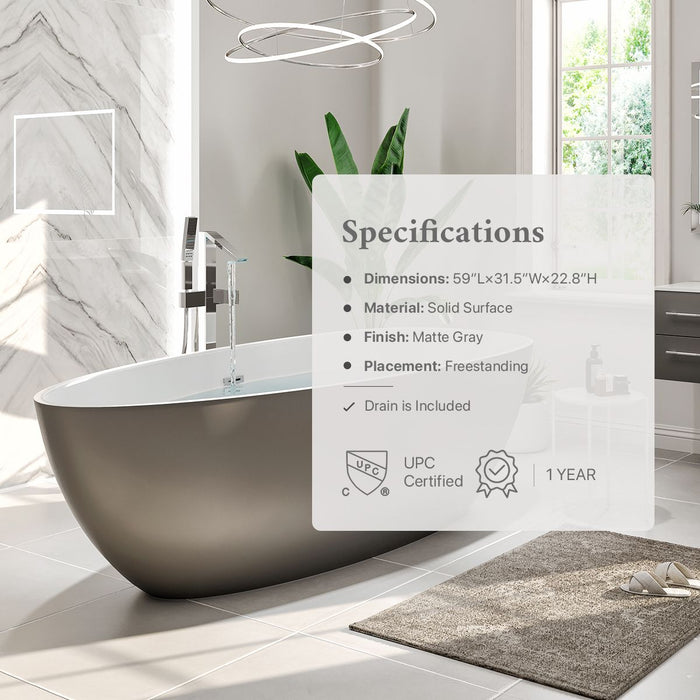 Eviva Viva 60" Solid Surface Gray & White Freestanding Bathtub