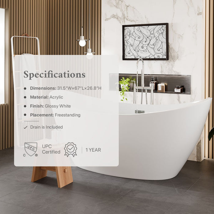 Eviva Bella 67" White Acrylic Free Standing Bathtub