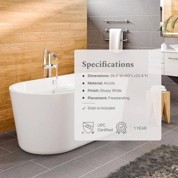 Eviva Queen 60 inch White Acrylic Free Standing Bathtub